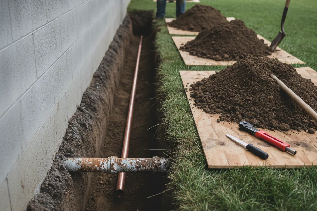 Excavated water line trench during Water Softener Installation in Beach City